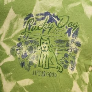 Life Is Good Custom Reverse Tie-Dyed Tee with Blue Rocket Dog Graphic Womens L